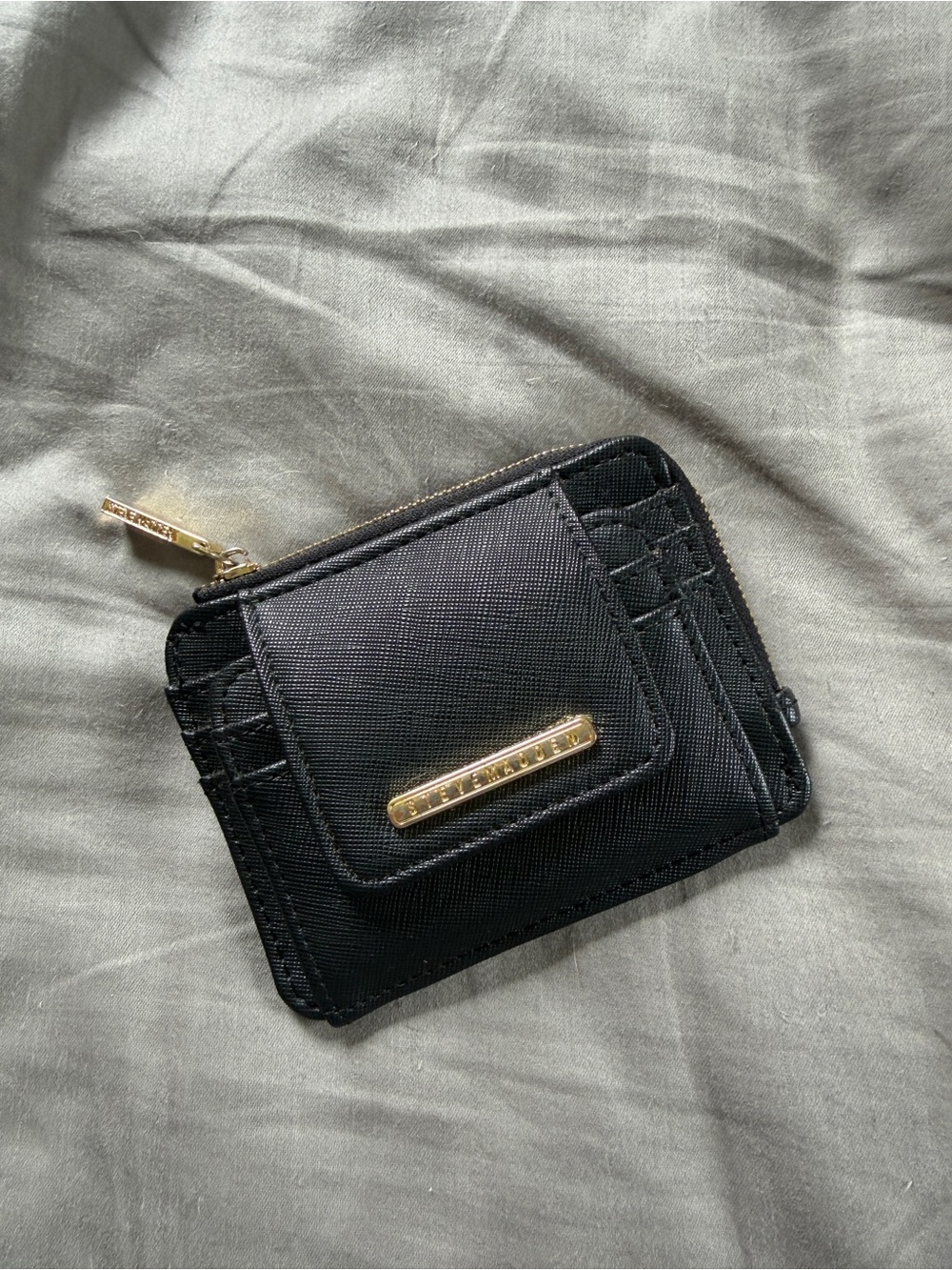 Black Compact Zip Card Wallet with Gold Accents